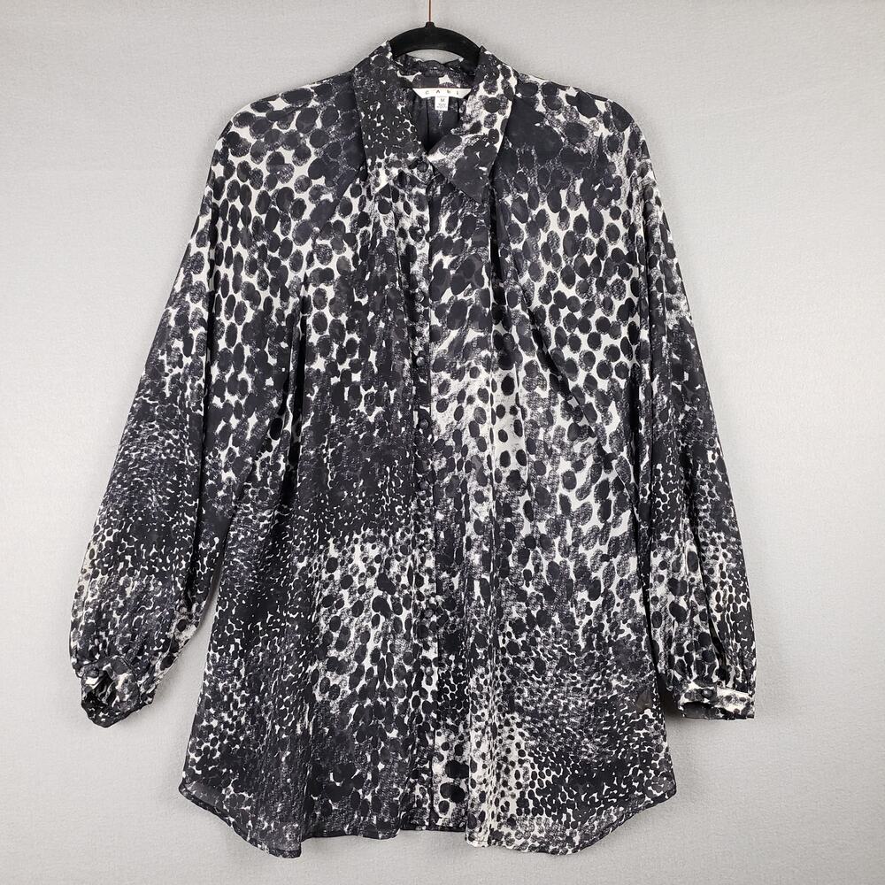 Cabi Size M Animal Print Sheer Blouse Long Sleeve White Black Flowy Lightweight